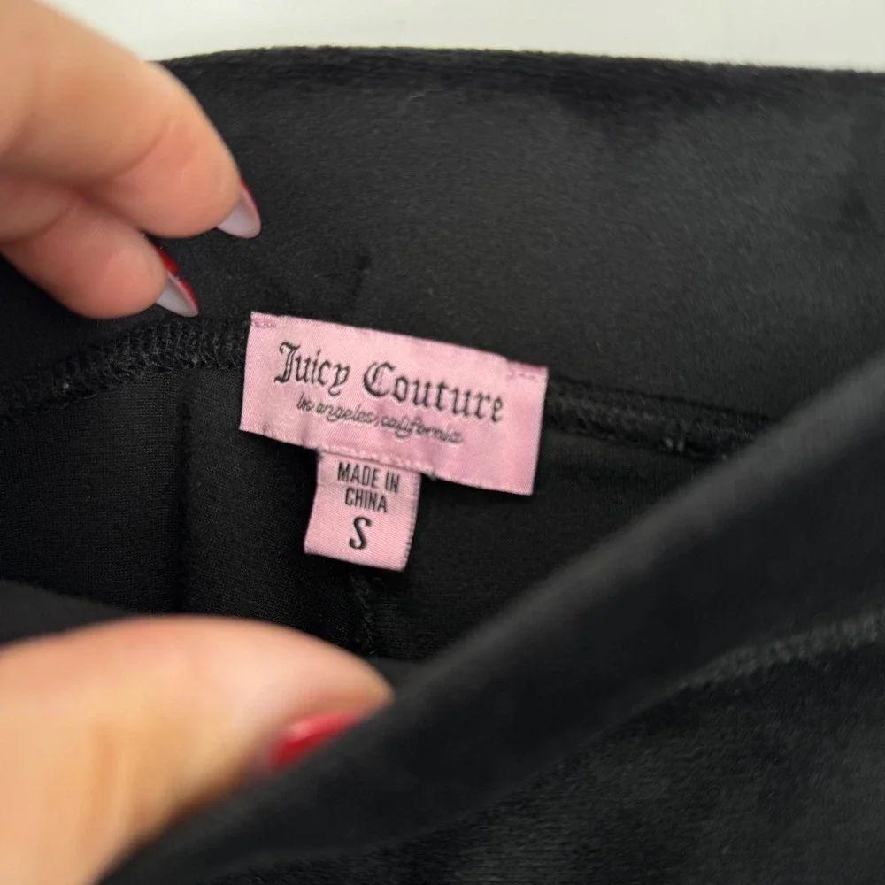 Juicy Couture Black Velour Track Pants Rhinestone‎ Logo Size S Y2K Hi Rise Waist